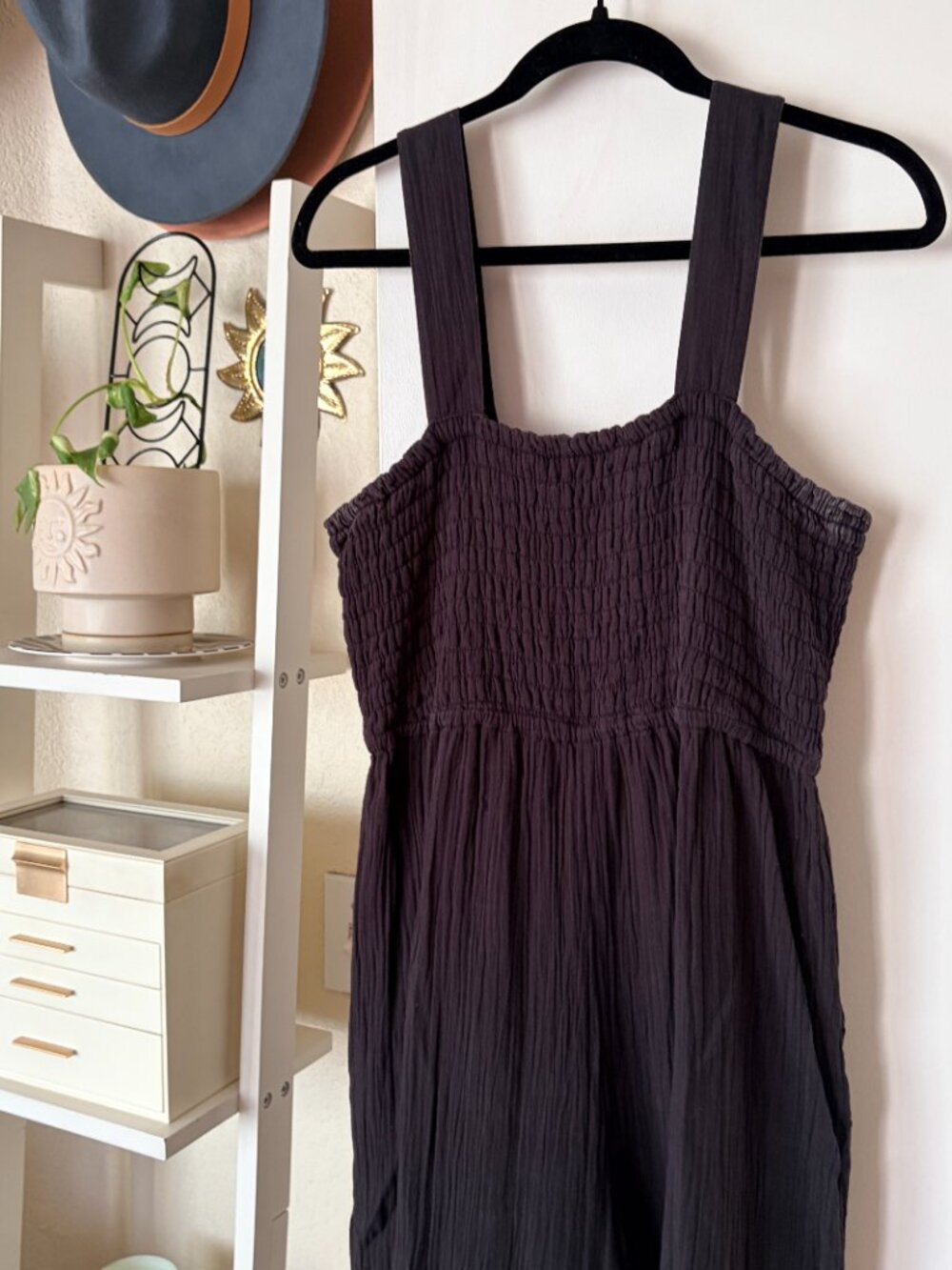 Quince Organic Cotton Gauze Smocked Jumpsuit Wide Leg Black L - Picture 2 of 7